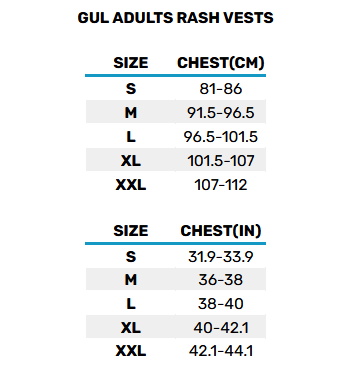 2025 Gul Adult Rash Vest 0 Tableau des tailles